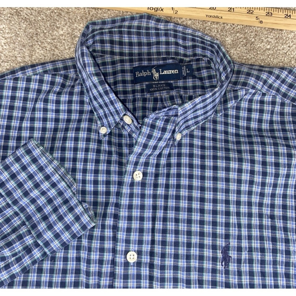 Polo Ralph Lauren Blake Gingham Plaid Blue/Green Mens L Cotton Blue Pony Read